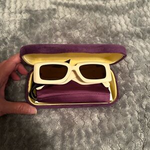 Authentic Rectangular Gucci Cream Sunglasses with Purple Case